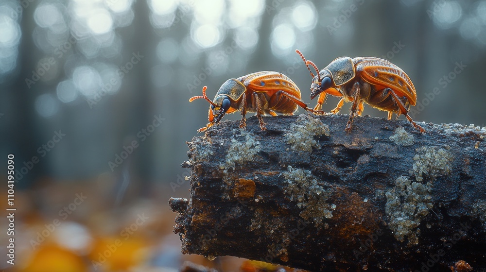 Poster two colorful beetles on a log in a misty forest setting.