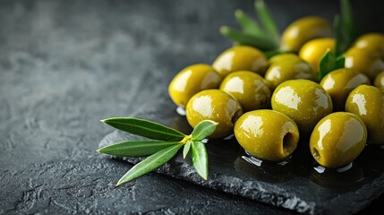 Close-up view of fresh green olives on a dark stone slate.