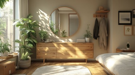 A cozy, modern bedroom with natural light, plants, and minimalist decor.
