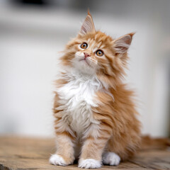 Fototapeta premium Cute Orange Maine Coon Kitten Looking Up