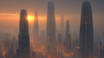 Fototapeta premium A misty skyline with towering skyscrapers at sunset, creating a futuristic atmosphere.