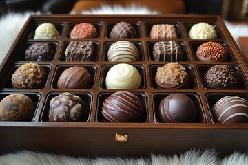 A box of assorted chocolates with a brown wooden box