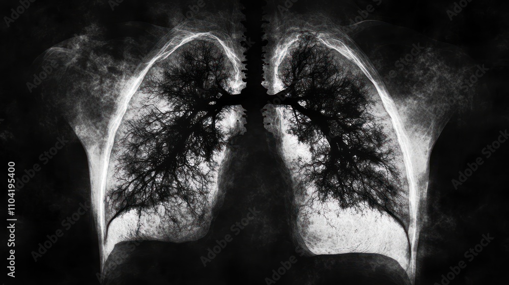 Poster artistic representation of human lungs with a branching structure resembling tree roots.