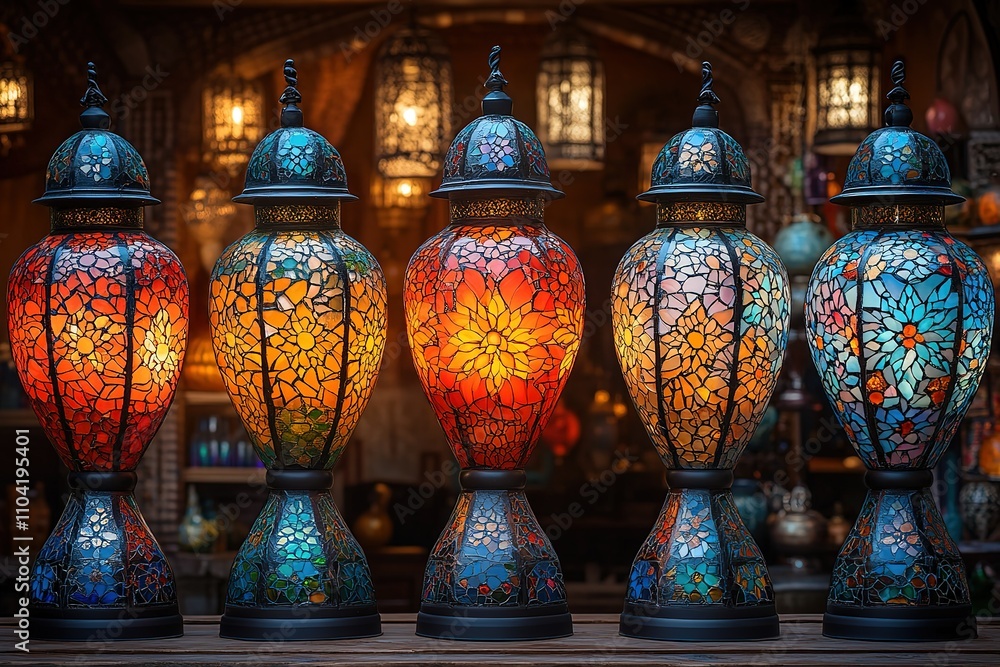 Poster a row of colorful vases with a mosaic design