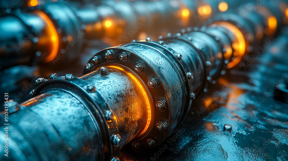 Poster futuristic industrial pipeline with glowing elements in a factory setting