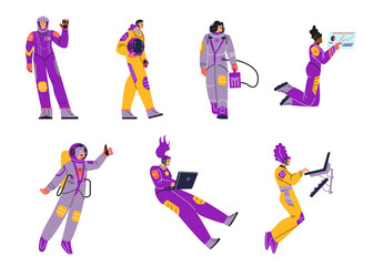 Illustration of a set of female astronauts in protective suits in different poses and actions.
