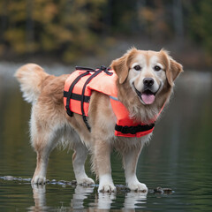 Golden Retriever Wearing Life Vest Standing in Lake