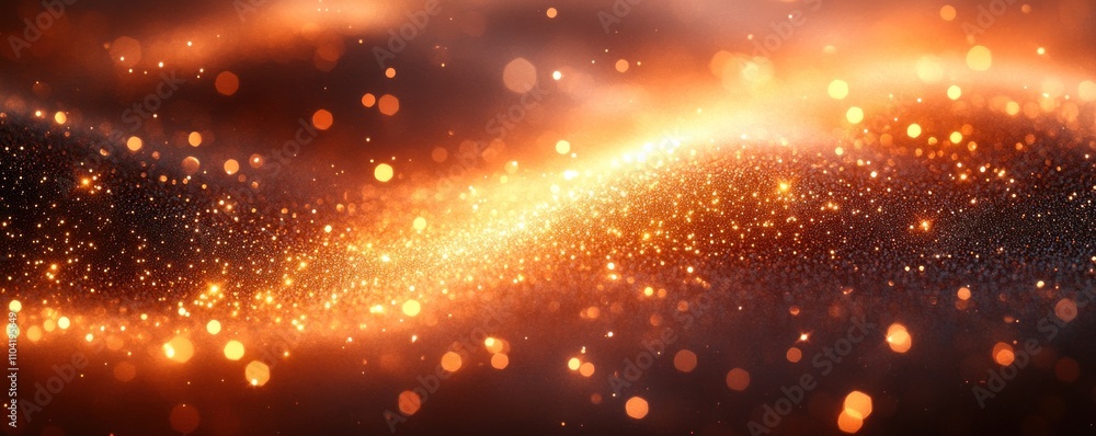 Poster a shimmering wave of golden particles creating a mesmerizing, ethereal background.
