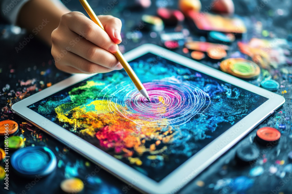 Poster computer learning. creative design process digital workspace art creation colorful environment close