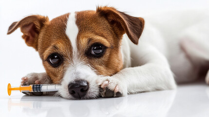 Little dog Jack Russell Terrier with a syringe in his mouth on a white background 