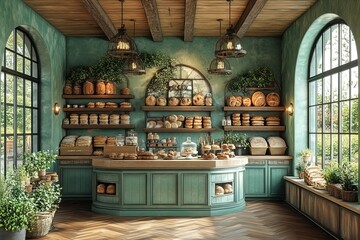 Obraz premium A bakery with a green interior and a lot of bread