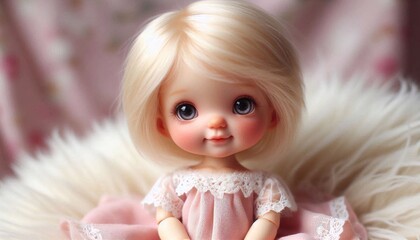 Fototapeta premium Cute Blonde Doll Sitting on a Soft Pillow