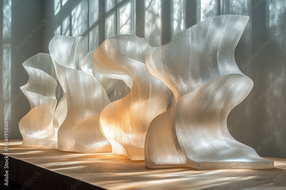 Poster abstract translucent sculptures casting soft light in a serene environment.