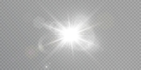 White glowing light explodes on a transparent background. Bright Star. Transparent shining sun, bright flash. Vector graphics.	