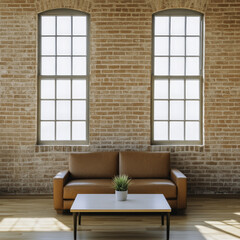 Modern industrial living room with large windows and cozy sofa