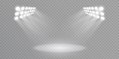 Stage and stadium lighting with bright LED strobe lights. Laser light show. Empty stage before the performance. Spotlights on a transparent background.	
