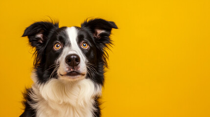 Alert border collie with black and white fur on vibrant yellow background