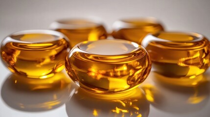Close-up view of several translucent, golden-orange, round capsules or beads, reflecting light.