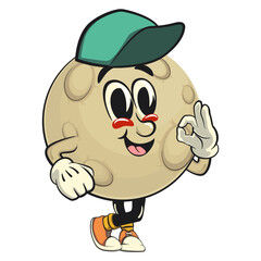 Moon mascot character illustration wearing a baseball cap while giving a thumbs up, cartoon mascot isolated, work of hand drawn