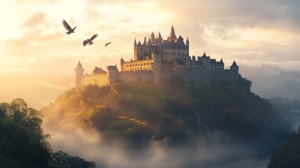 Obraz premium Majestic Castle on Mountain Top with Sunrise and Birds in the Sky