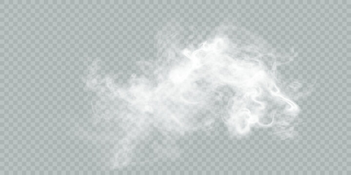 Vector realistic smoke and clouds effect. Abstract smoke concept, dry ice effect. Steam smog from engine on transparent background. Vector 10 EPS