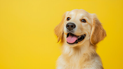 Golden retriever puppy smiling against bright yellow background