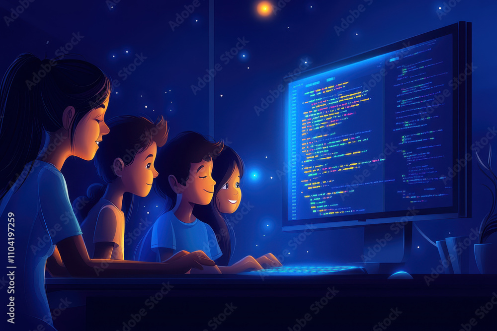 Poster computer learning. family coding session home digital learning cozy environment close view family en