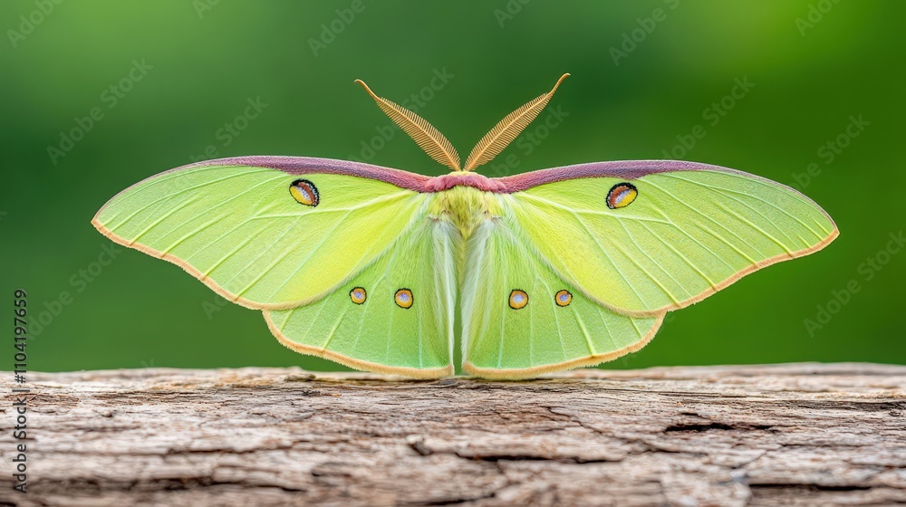 Poster a close-up of a vibrant green moth resting on a log, showcasing its delicate wings and distinct patt