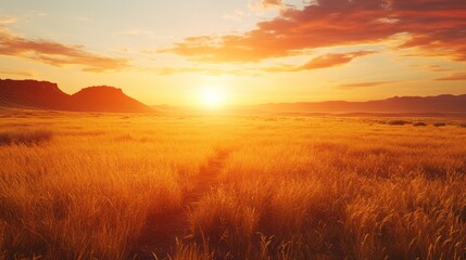 A serene sunset over golden fields, creating a peaceful and tranquil atmosphere.