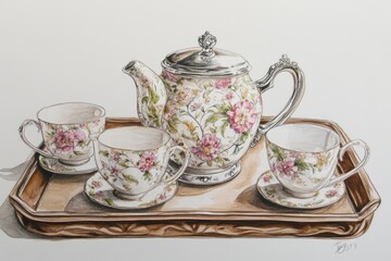 Fototapeta premium A decorative teapot with floral patterns and matching cups on a wooden tray.
