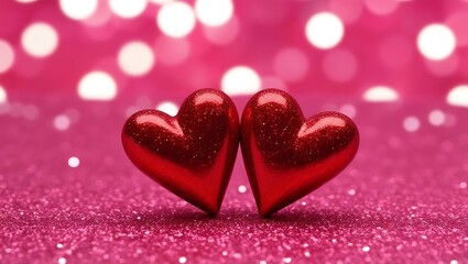 Obraz premium A close up of two red hearts on a pink glittery background