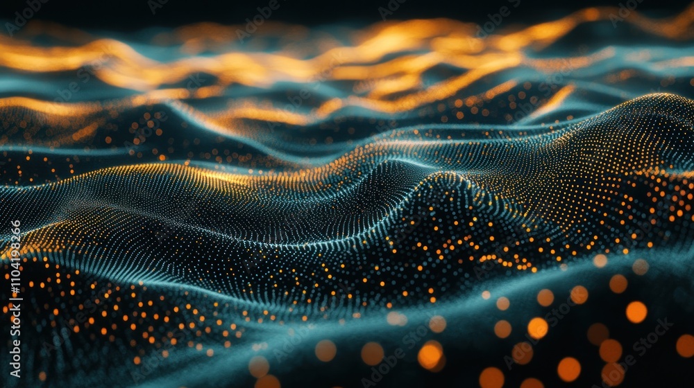 Poster abstract digital landscape with glowing waves and particles.