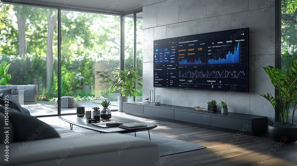 Poster modern living room with a large screen displaying data analytics and a view of greenery outside.