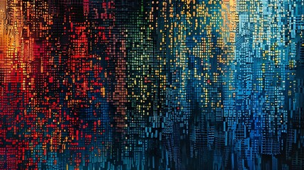 A vibrant and dynamic digital art piece featuring a glitch effect with colorful pixelation and noise patterns