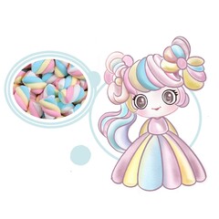 The little girl is a marshmallow with rainbow colors, sweet and airy
