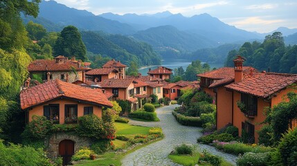 Picturesque village nestled in mountains by lake.