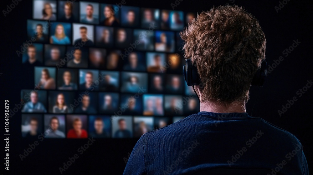 Poster A person using a headset while interacting with a virtual meeting grid.