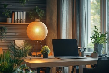 Fototapeta premium A laptop sits on a wooden desk next to a lamp with a round, fabric shade. There are plants on the desk and in the background.