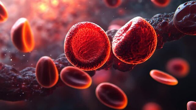 Microscopic view showcasing the dynamic motion of red blood cells as they navigate through a plasma environment, biology illustrating their vital role in the human circulatory system