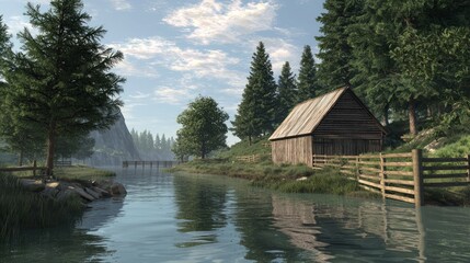 Obraz premium Tranquil Riverbank Scene with Rustic Barn, Wooden Fences, and Pine Trees - Ultra-Detailed Photorealistic Image