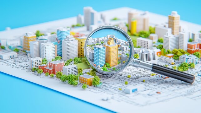 In this model, the magnifying glass depicts detailed cadastral planning and building permits.