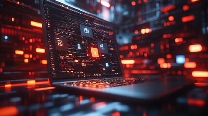 Obraz premium A laptop displaying numerous colorful digital icons and apps overlay