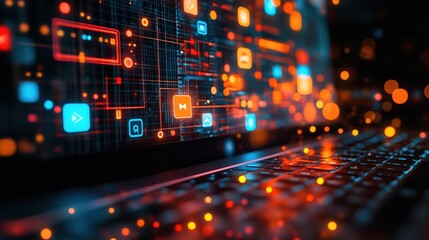 Obraz premium A laptop displaying numerous colorful digital icons and apps overlay