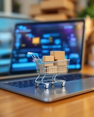 Online Shopping Experience with Miniature Shopping Cart and Cardboard Boxes on Laptop