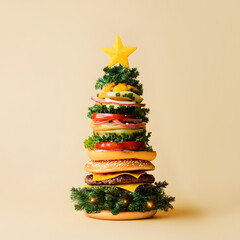 Fast food christmas tree. Minimal composition of ideas for food and New Year's Eve.