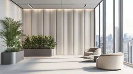 Modern office space with plants and seating, emphasizing comfort and productivity.