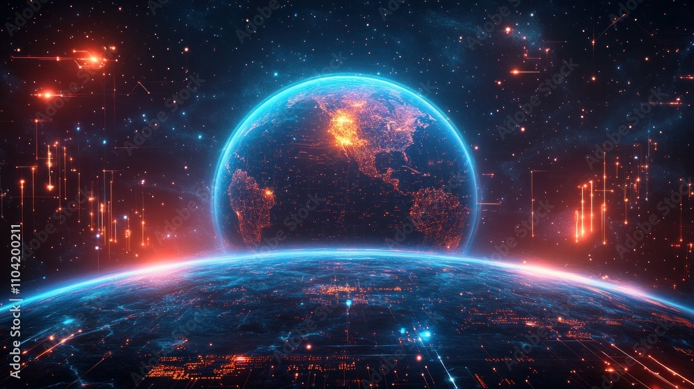 Poster a digital representation of earth surrounded by cosmic elements and glowing data streams.
