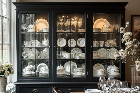 A large black cabinet with many white plates inside