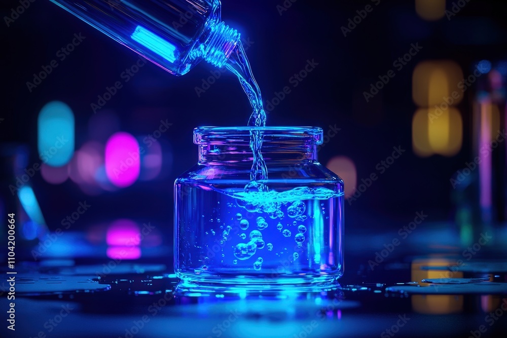 Poster close-up of luminous liquid being poured into a glass container, creating mesmerizing bubbles and co