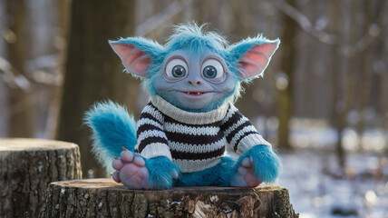 Blue Furry Creature Sitting on Tree Stump